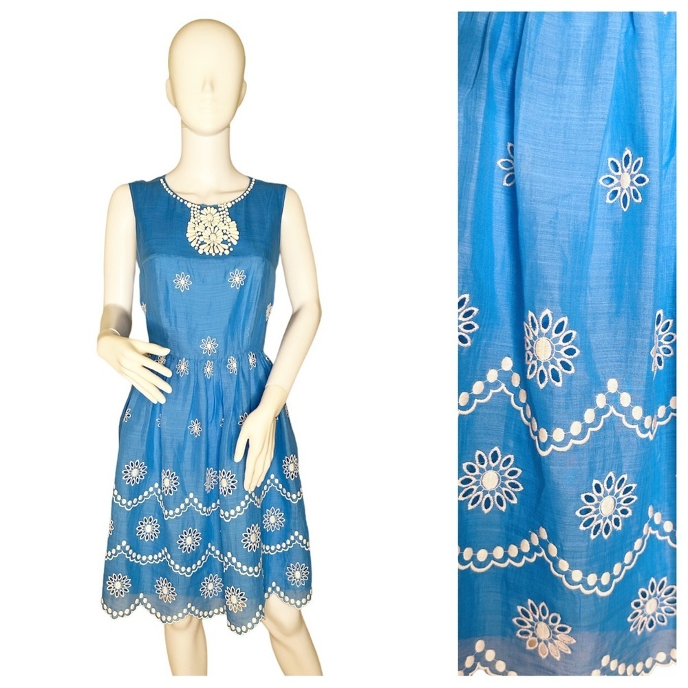 NWT Collette Dinnigan Summer Sky Short Day Dress with Cutwork Embroidery Size L.
